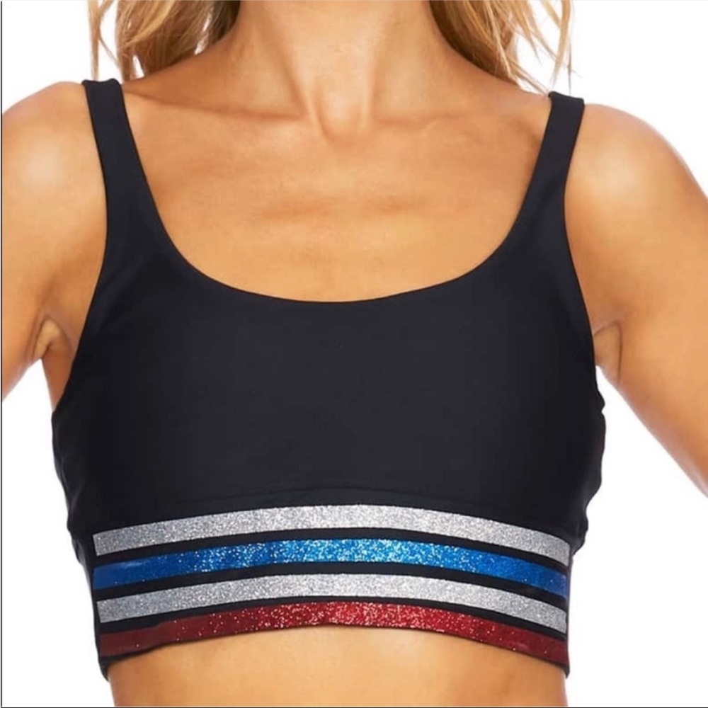 Beach Riot Leah Bra - black red white blue stripped sports bra top